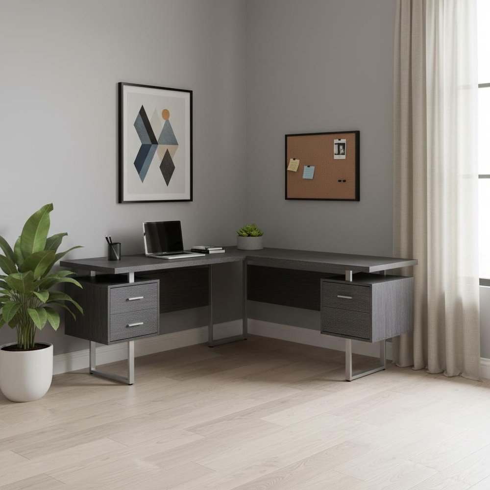 71" Taupe and Silver L Shape Computer Desk With Three Drawers