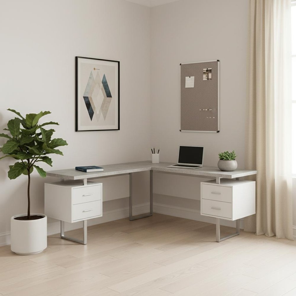 71" Taupe and Silver L Shape Computer Desk With Three Drawers