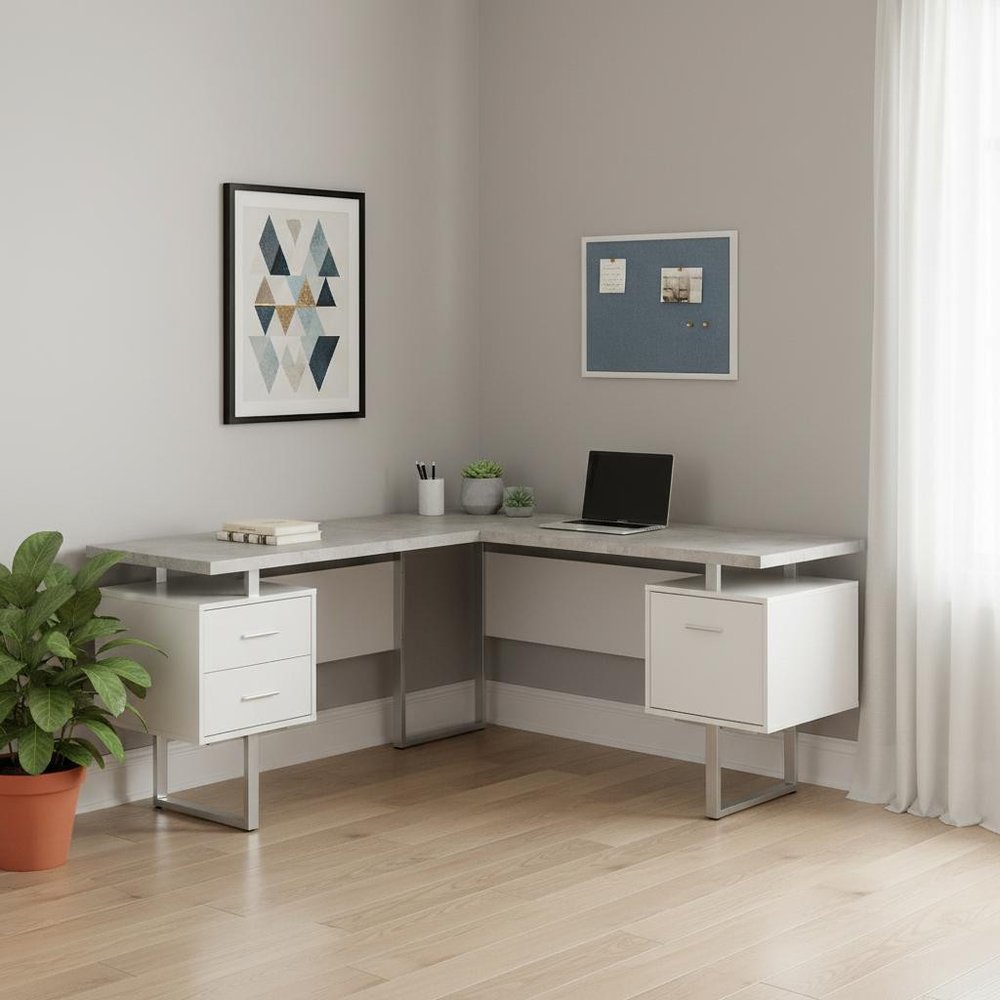 71" Taupe and Silver L Shape Computer Desk With Three Drawers