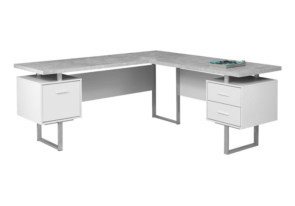 71" Taupe and Silver L Shape Computer Desk With Three Drawers