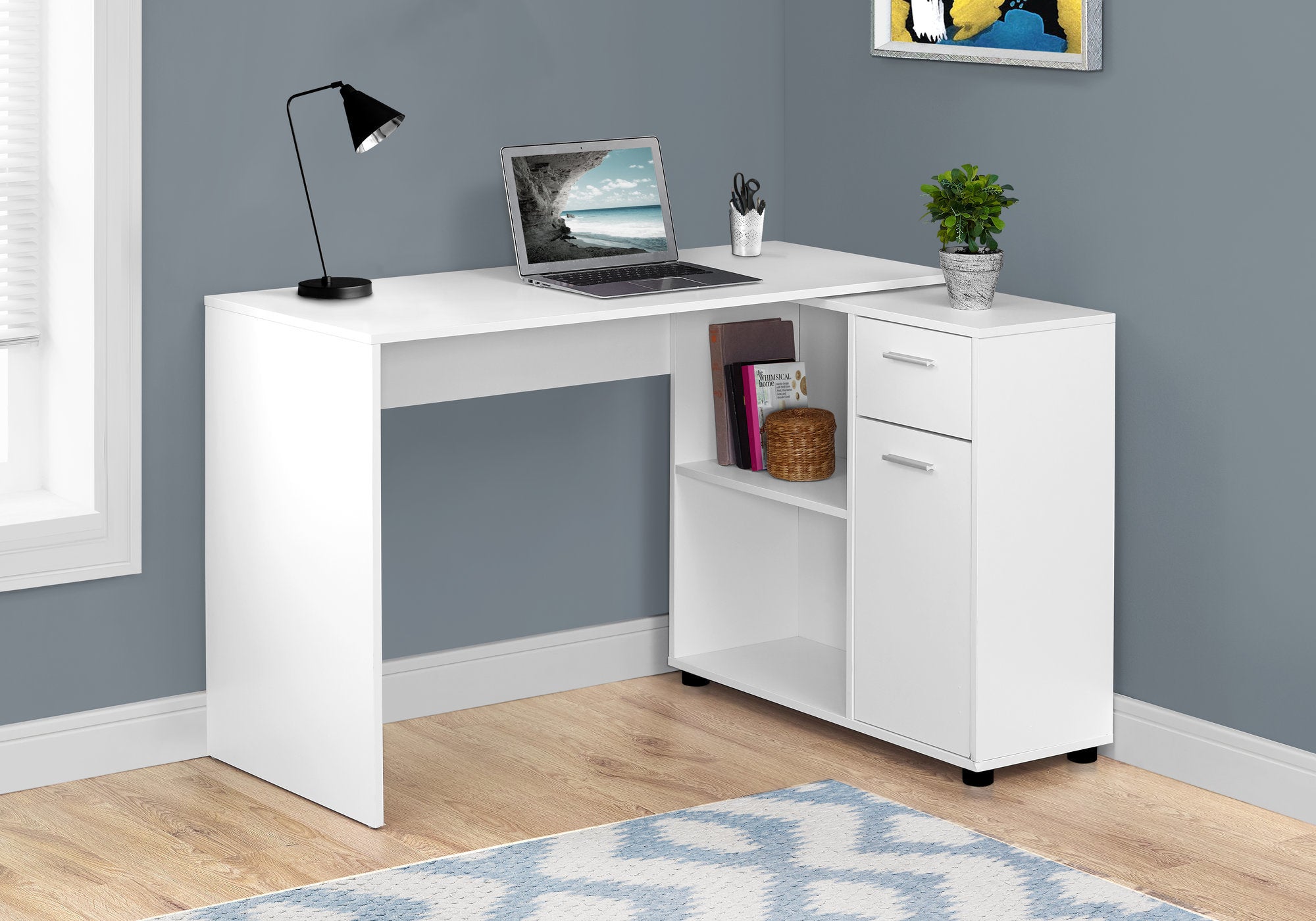 34" White L Shape Computer Desk With Two Drawers