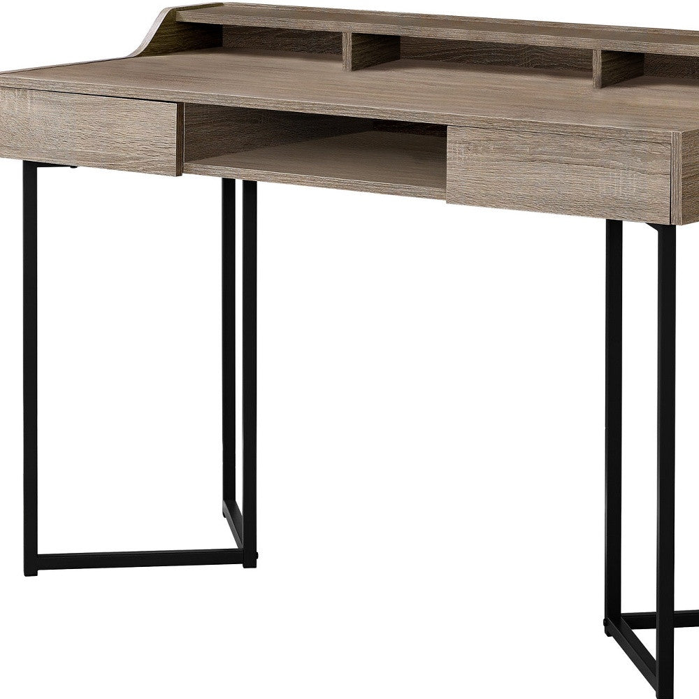 48" Taupe and Black Writing Desk With Two Drawers