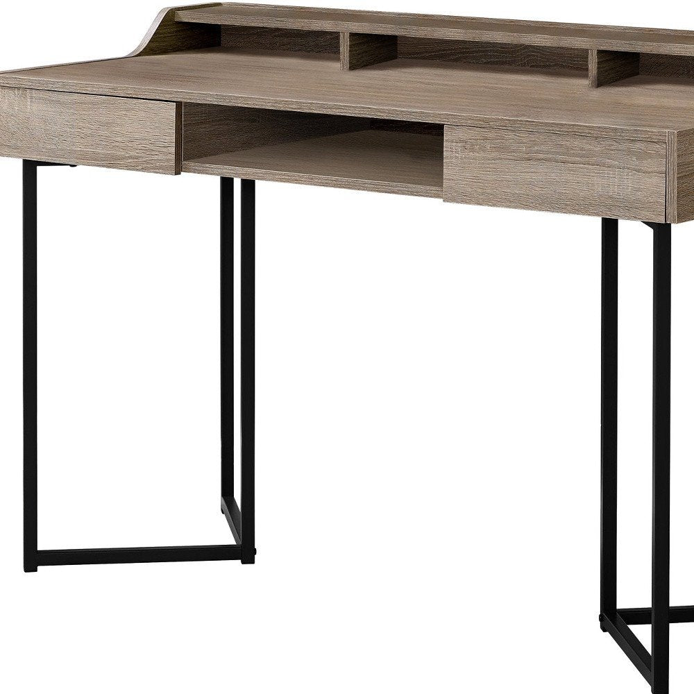 48" Taupe and Black Writing Desk With Two Drawers