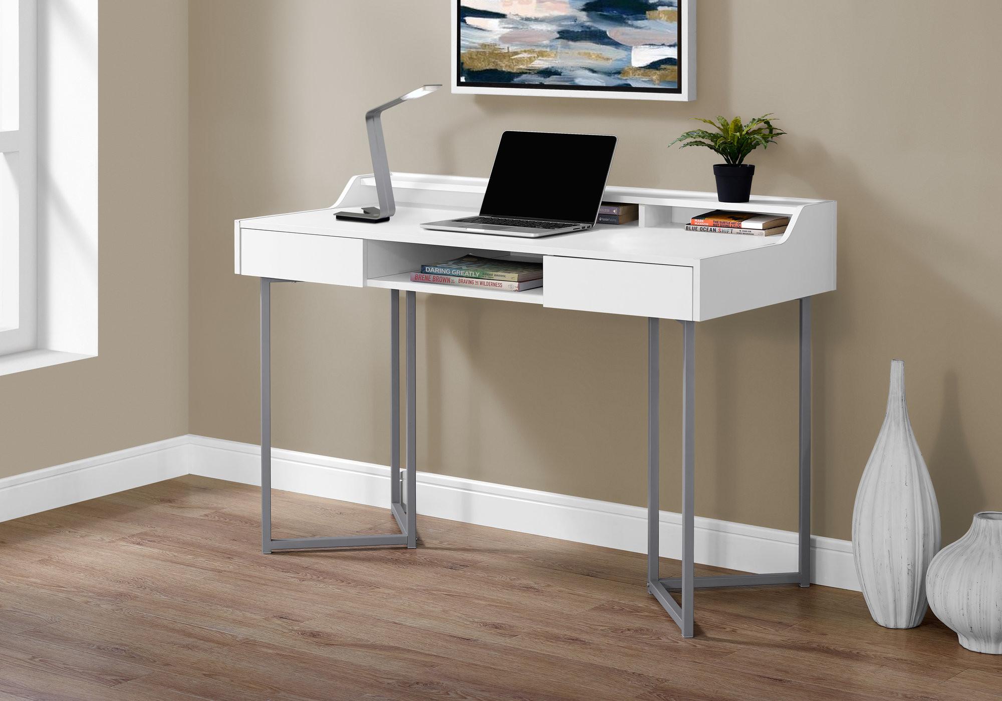 48" White and Silver Writing Desk With Two Drawers