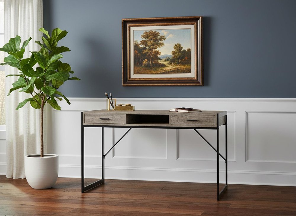 48" White and Silver Computer Desk With Two Drawers