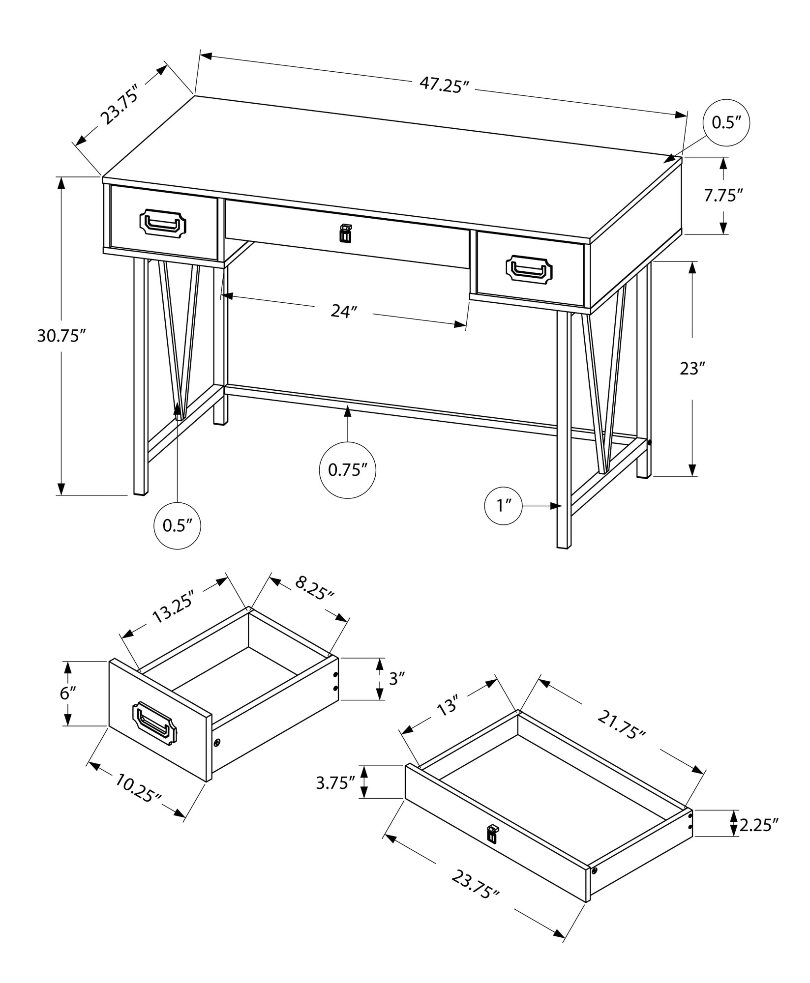 24" Brown and Black Computer Desk With Two Drawers