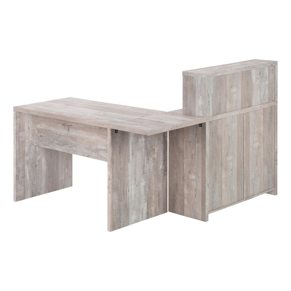 63" Taupe L Shape Computer Desk With Eight Drawers