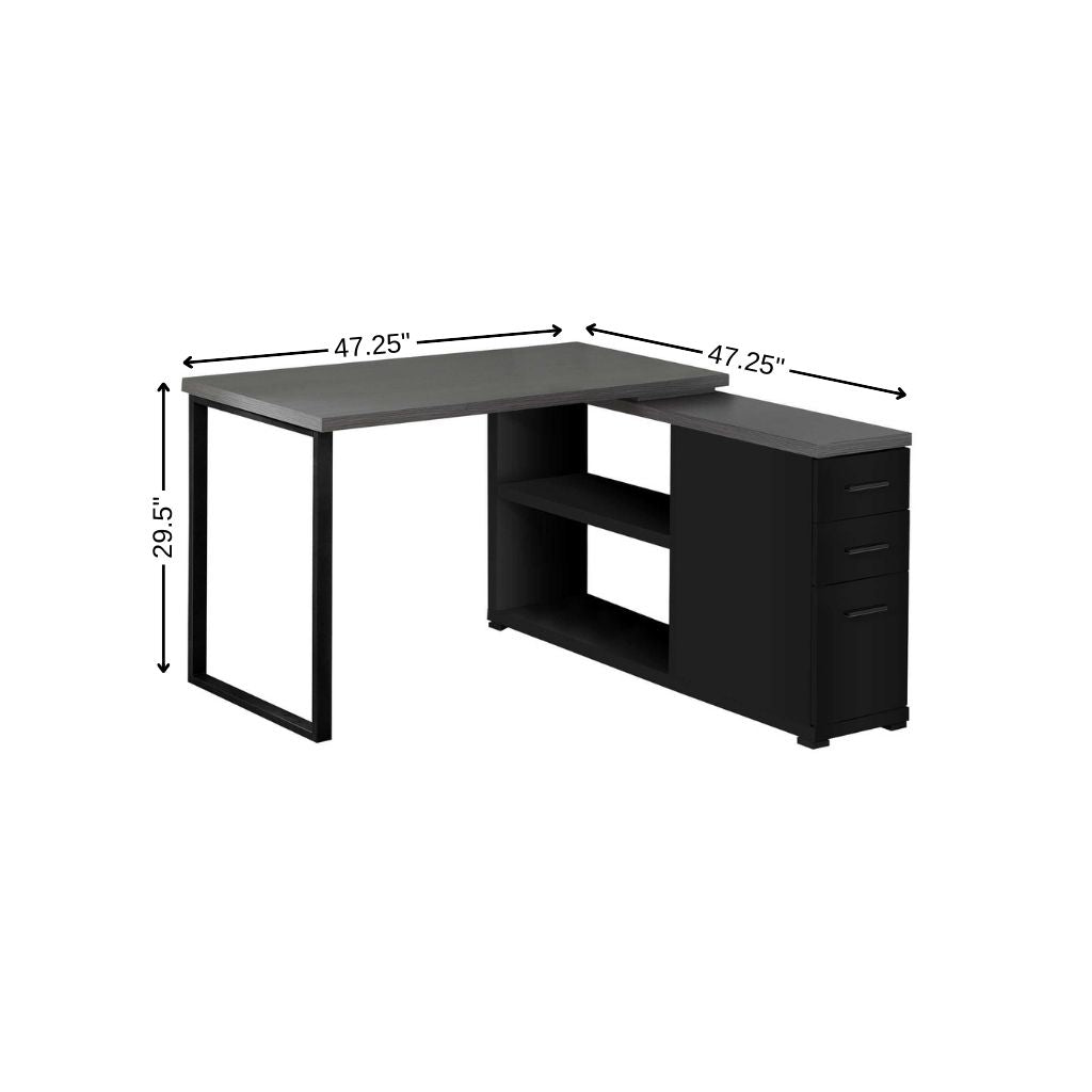 47" Gray and Black L Shape Computer Desk With Three Drawers