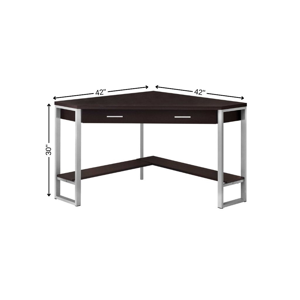 42" Dark Brown and Silver Corner Computer Desk