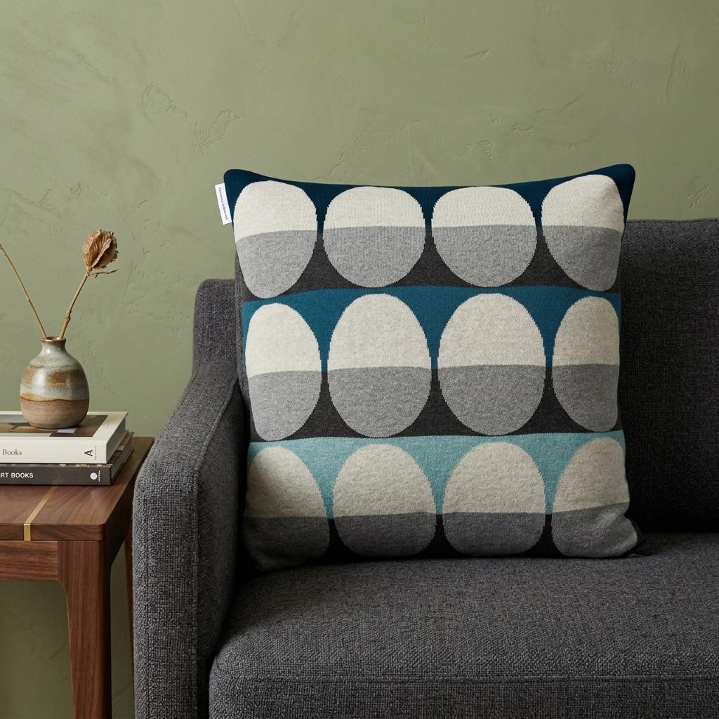 20" Blue Gray And Ivory Geometric Cotton Throw Pillow