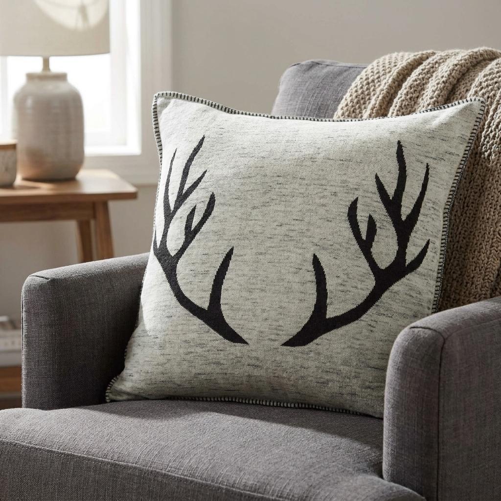 20" Gray And Black Lodge Antlers Cotton Throw Pillow