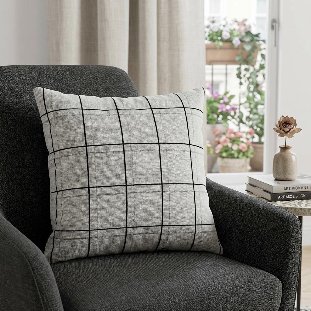 20" Gray Plaid Cotton Throw Pillow