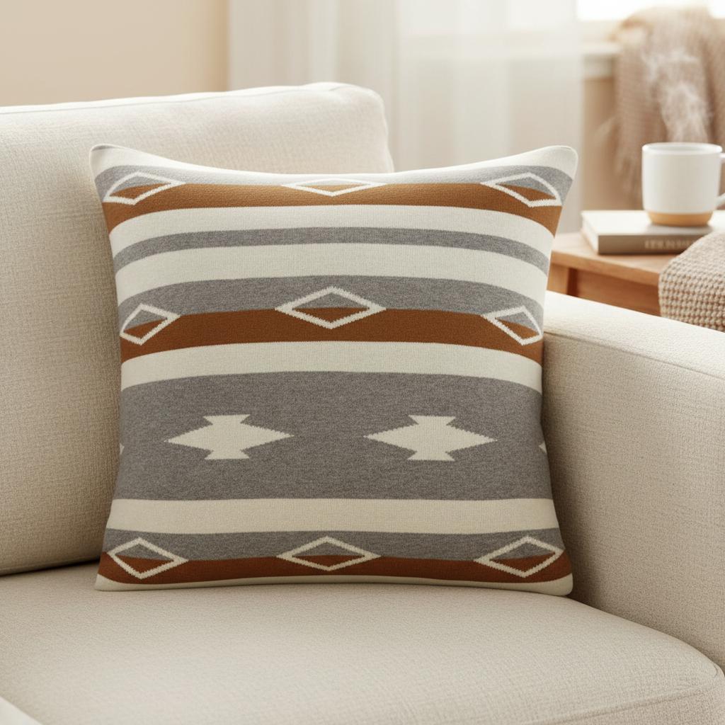 20" Brown Gray And Ivory Southwestern Cotton Throw Pillow