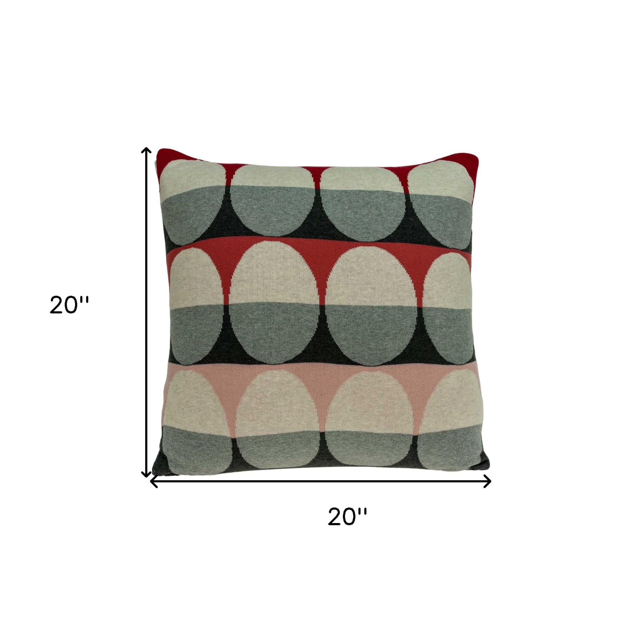 20" Gray Ivory And Red Geometric Cotton Throw Pillow