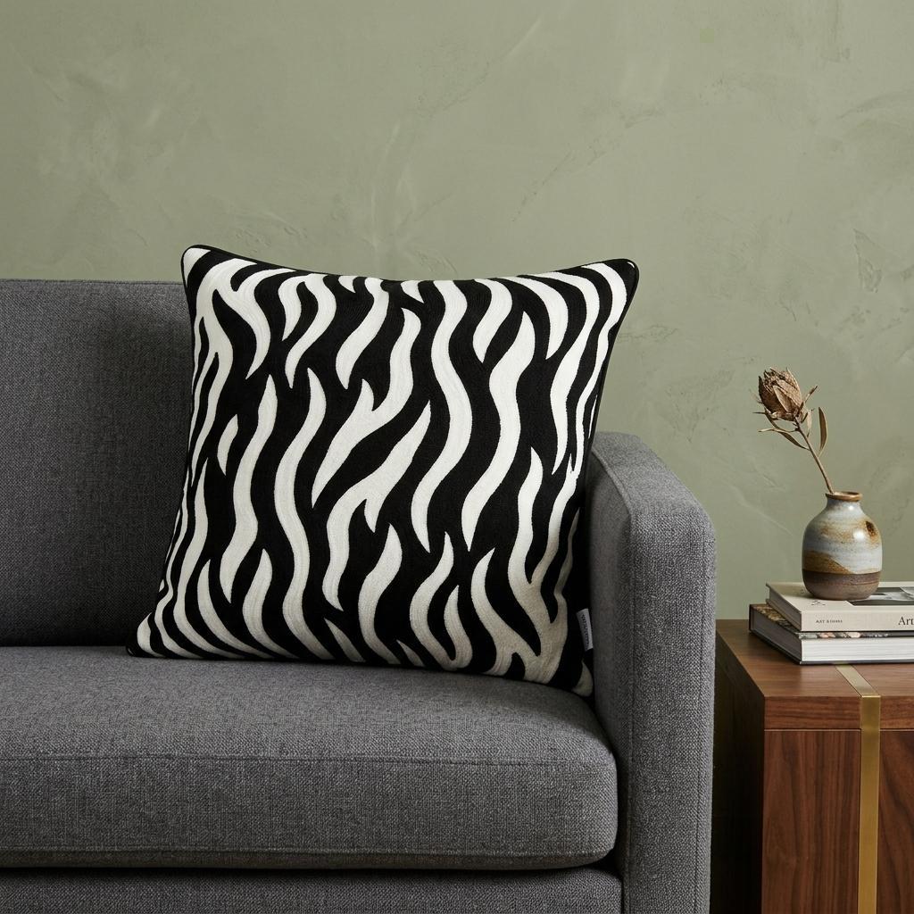 20" X 7" X 20" Transitional Black And White Zebra Pillow Cover With Poly Insert