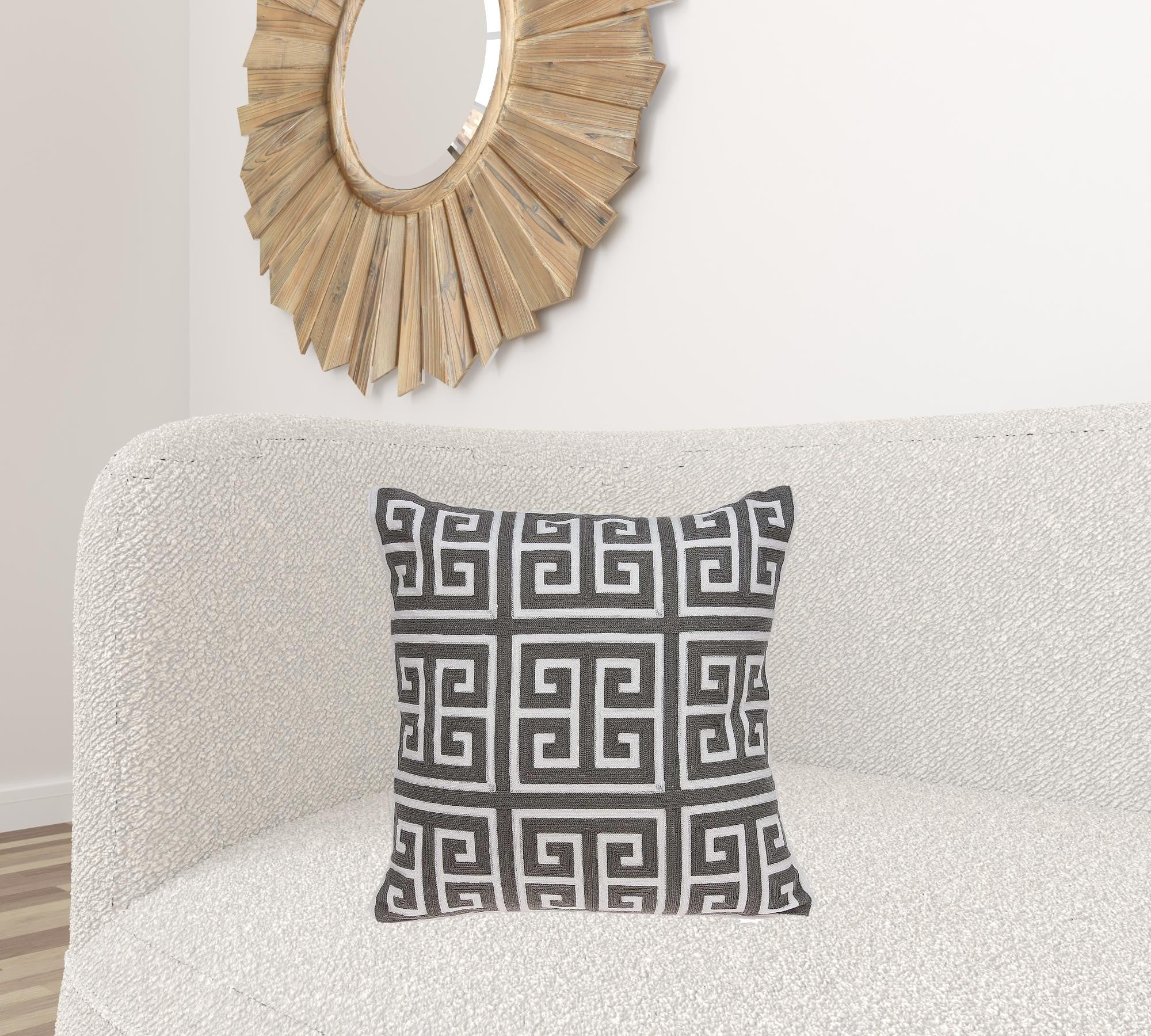 20" Gray and White Greek Key Cotton Throw Pillow