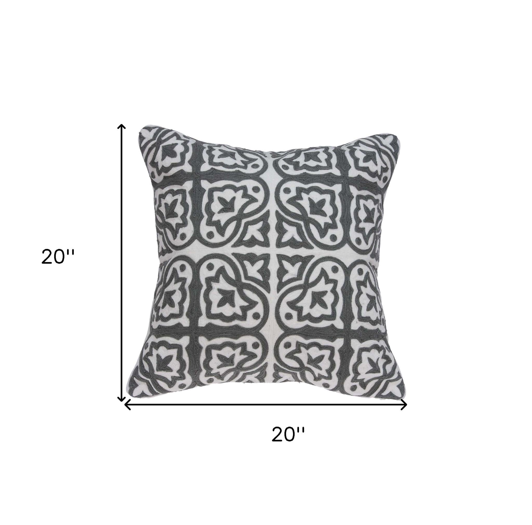 20" Gray And White Stencil Cotton Throw Pillow