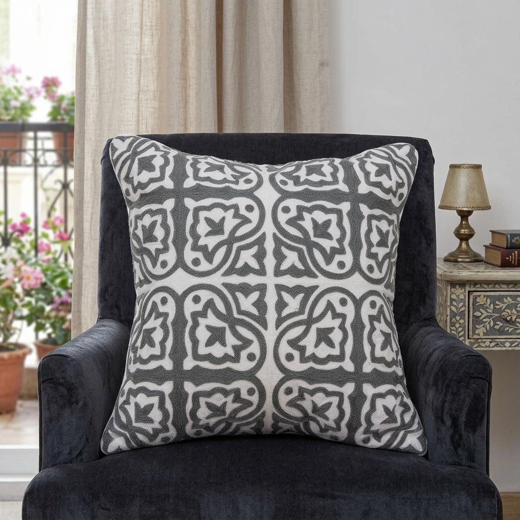 20" Gray And White Stencil Cotton Throw Pillow