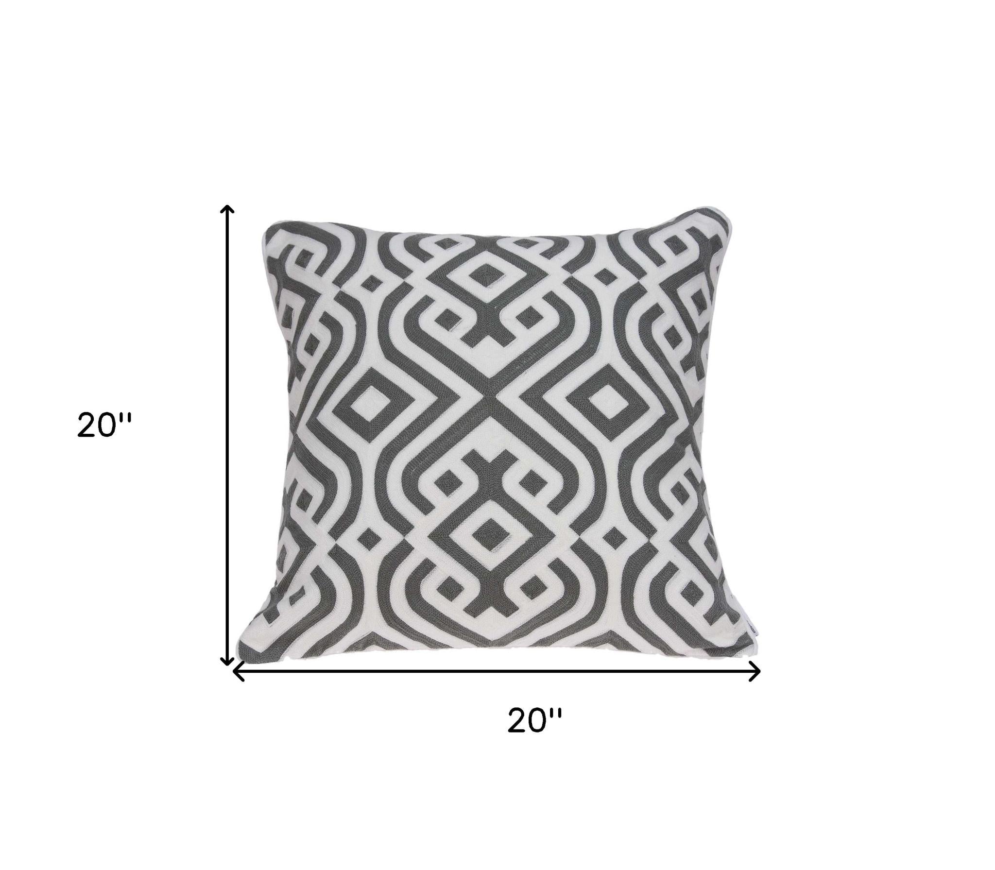 20" Gray And White Stencil Cotton Throw Pillow