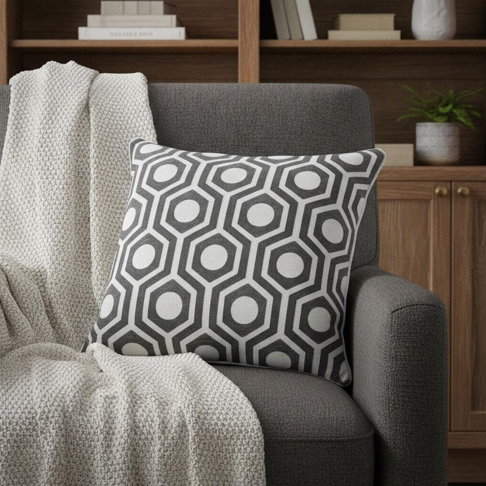 20" Gray And White Geometric Cotton Throw Pillow