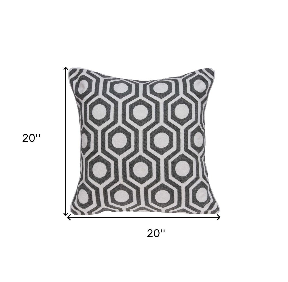 20" Gray And White Geometric Cotton Throw Pillow