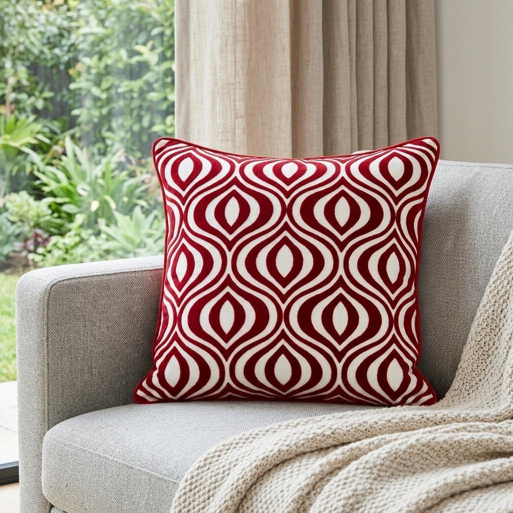 20" X 7" X 20" Transitional Red And White Pillow Cover With Poly Insert