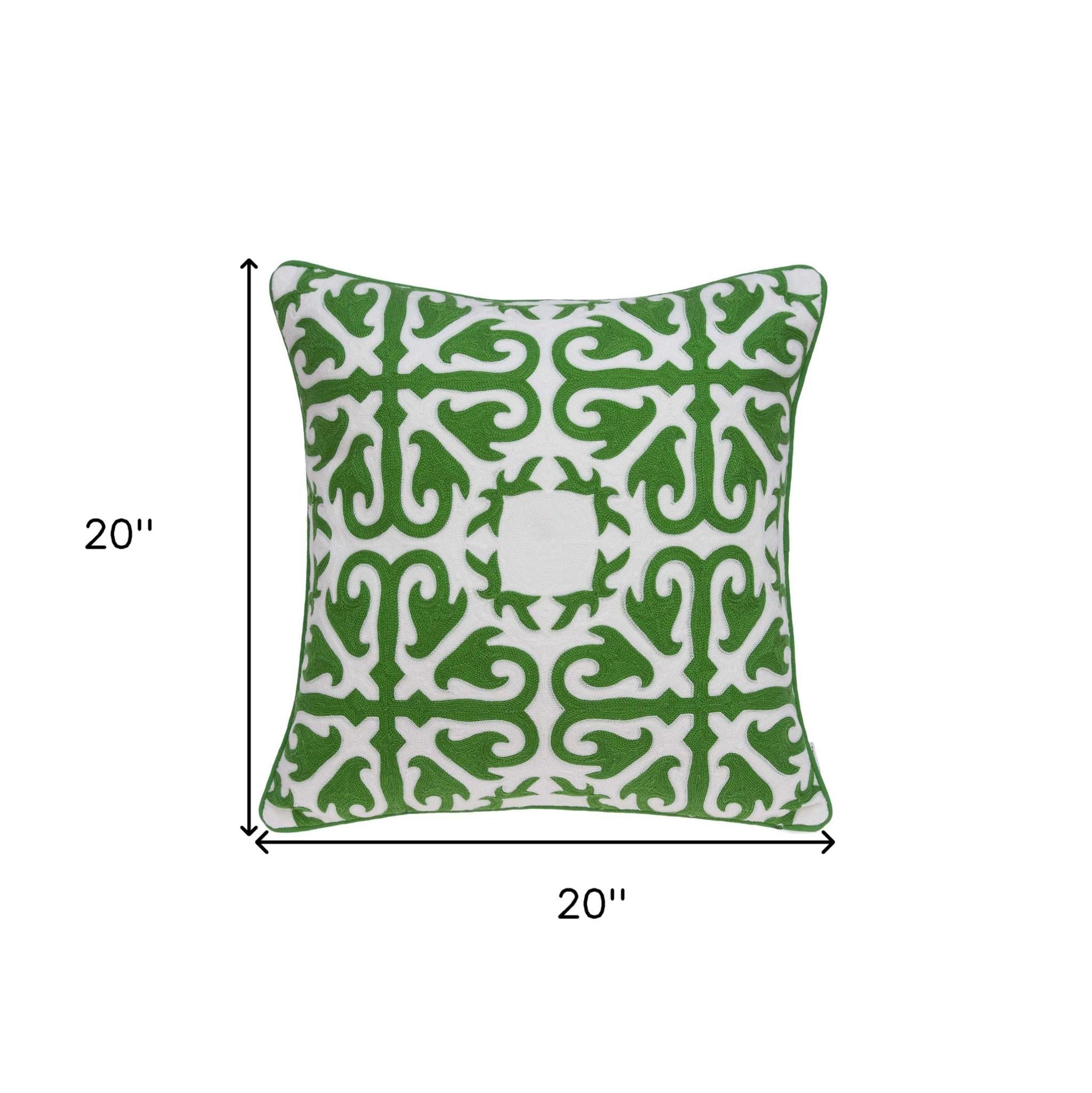 20" Green And White Stencil Cotton Throw Pillow