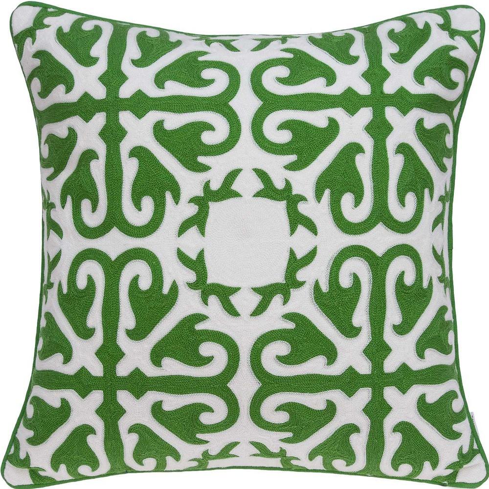 20" Green And White Stencil Cotton Throw Pillow