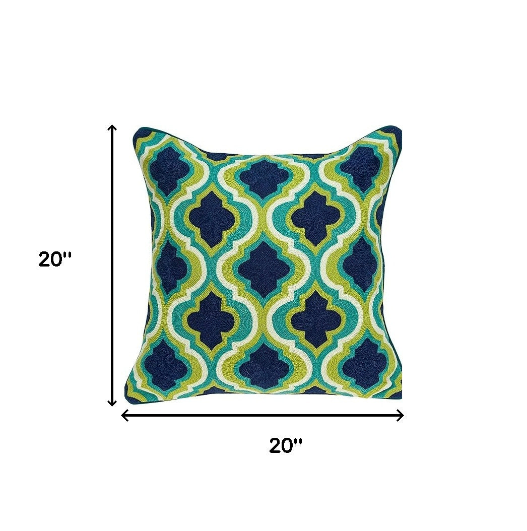 20" Navy Blue Yellow And Teal Quatrefoil Cotton Throw Pillow