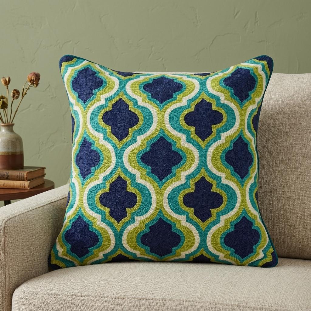 20" Navy Blue Yellow And Teal Quatrefoil Cotton Throw Pillow