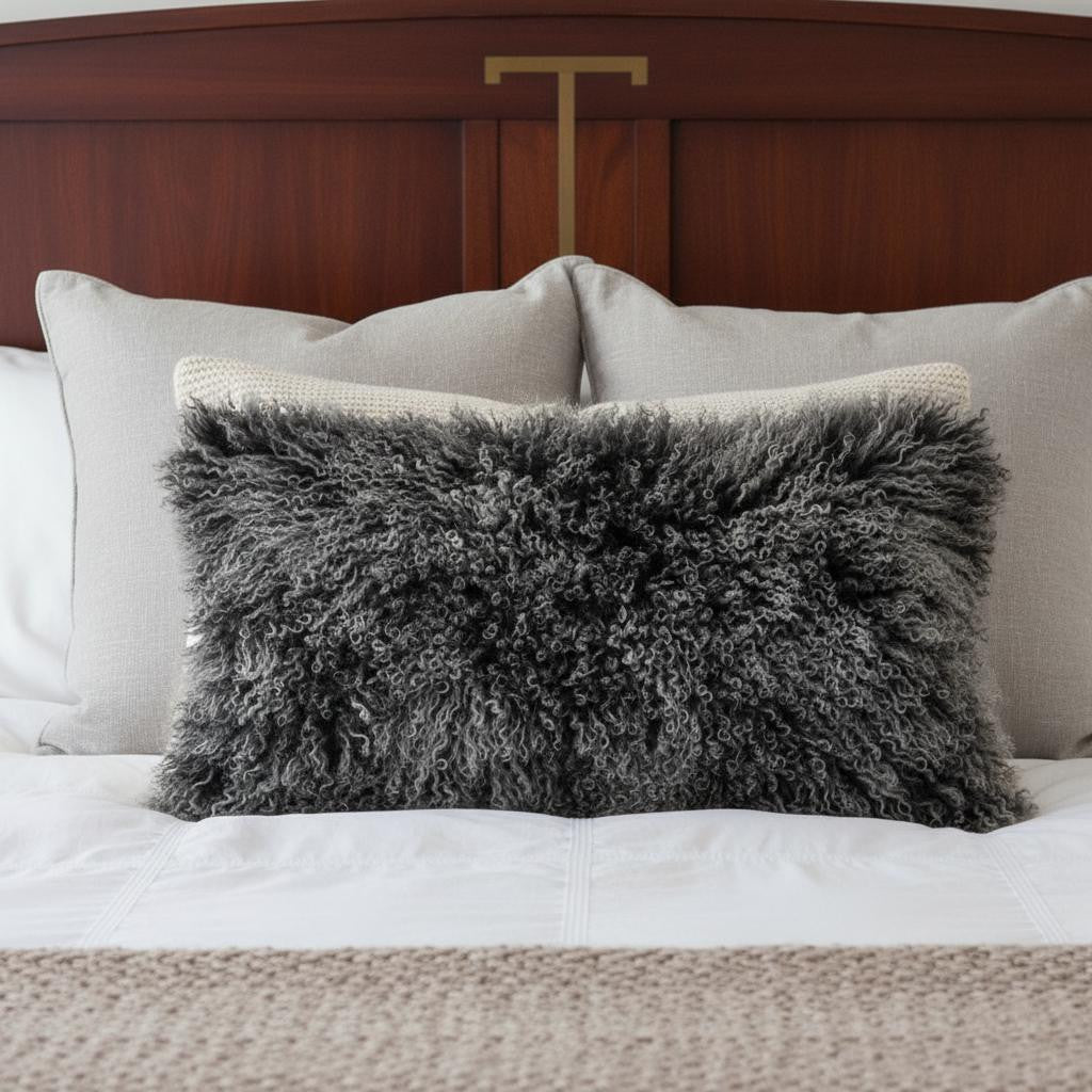 17" Black Genuine Tibetan Lamb Fur Pillow With Microsuede Backing