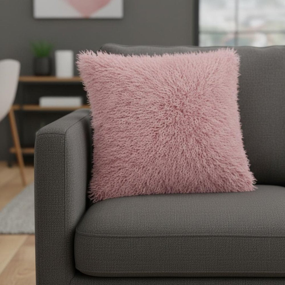 20" Pink Genuine Tibetan Lamb Fur Pillow With Microsuede Backing