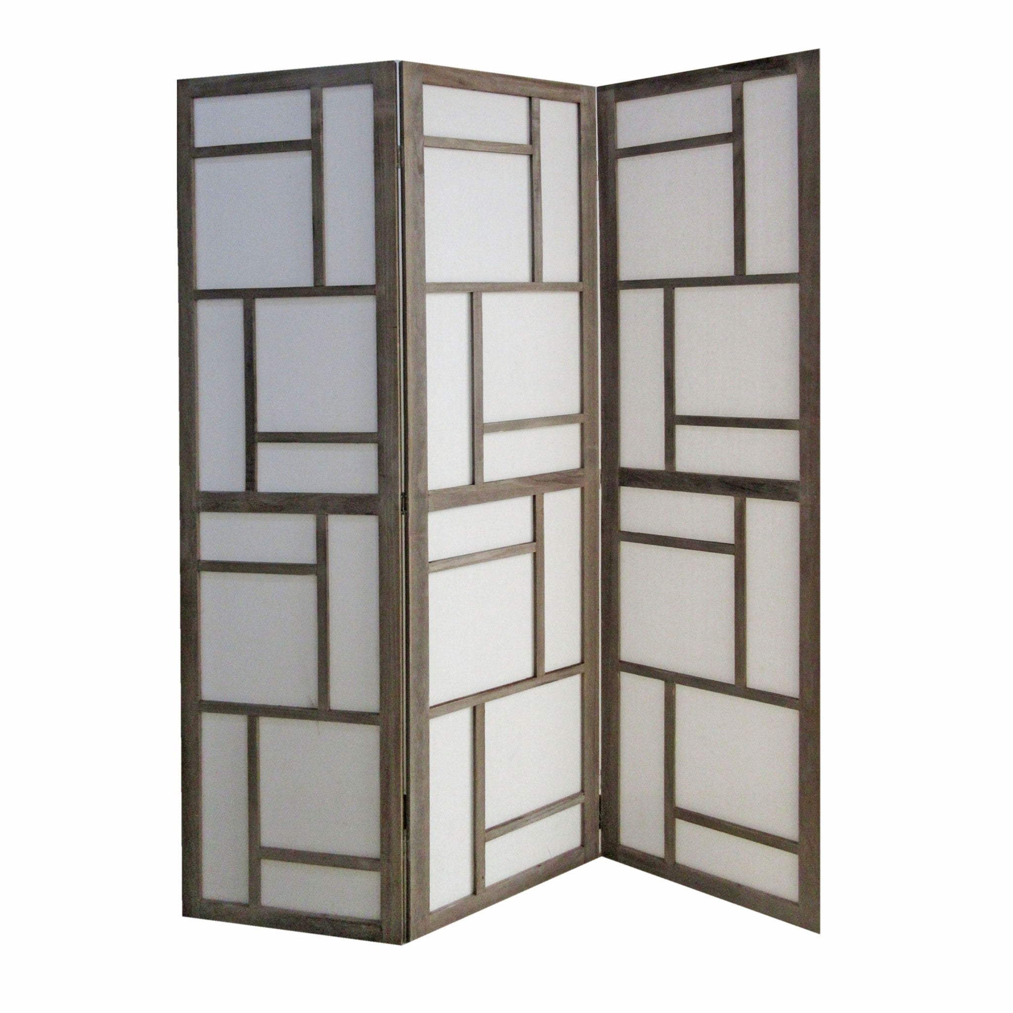 50" Gray and White Wood and Fabric Three Panel Screen Room Divider