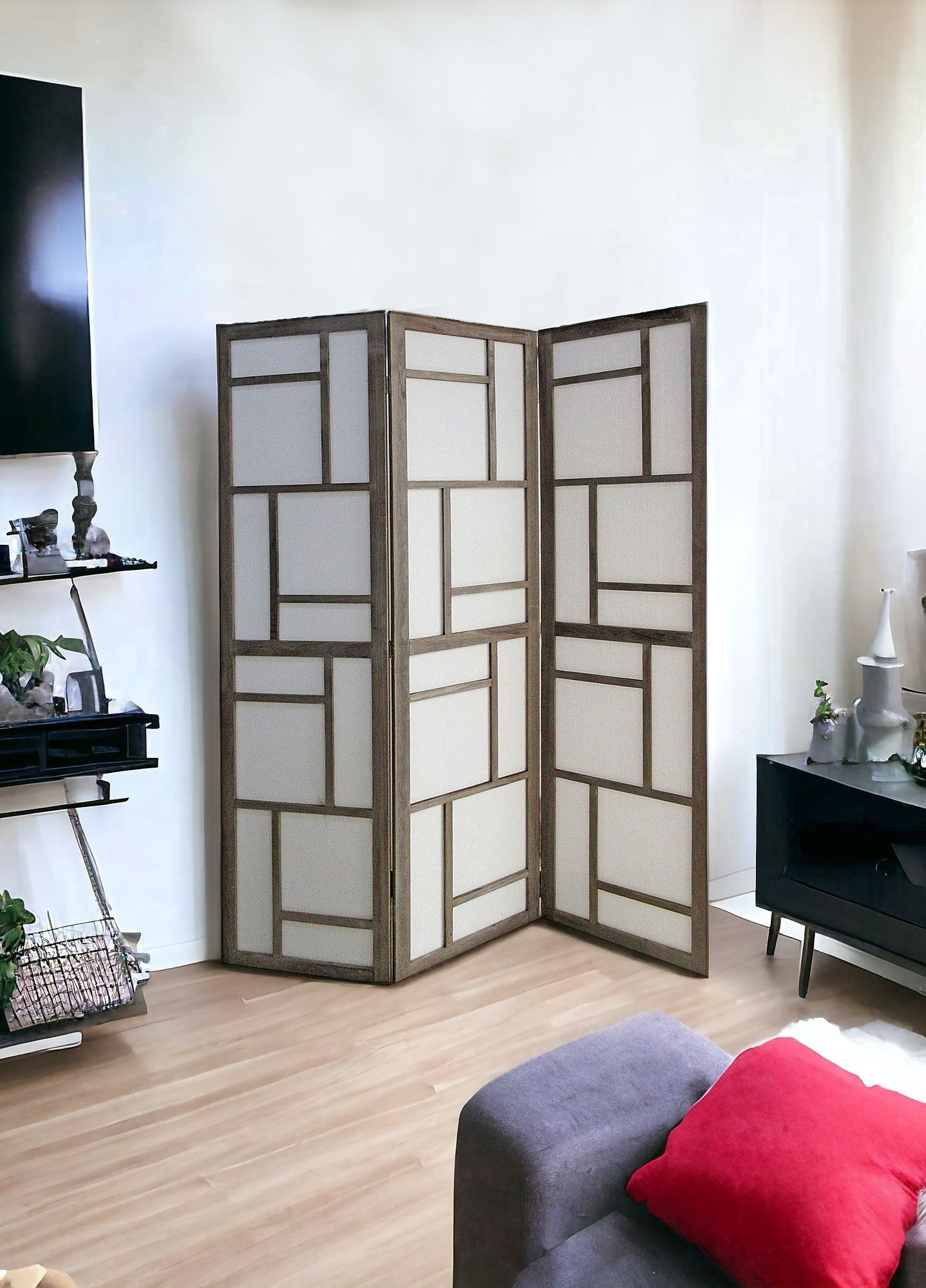 50" Gray and White Wood and Fabric Three Panel Screen Room Divider