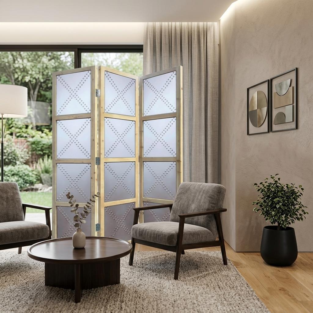 84" Silver Folding Three Panel Screen Room Divider