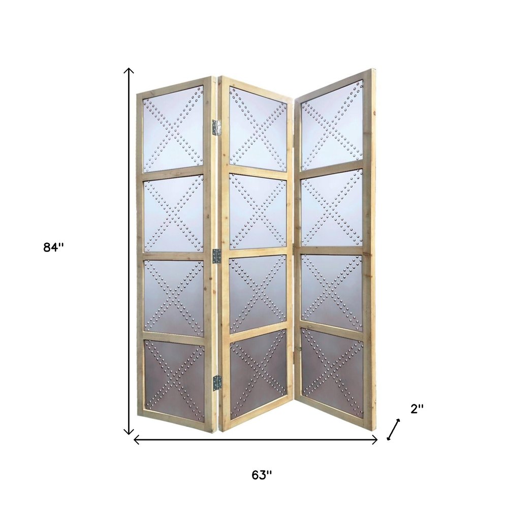 84" Silver Folding Three Panel Screen Room Divider