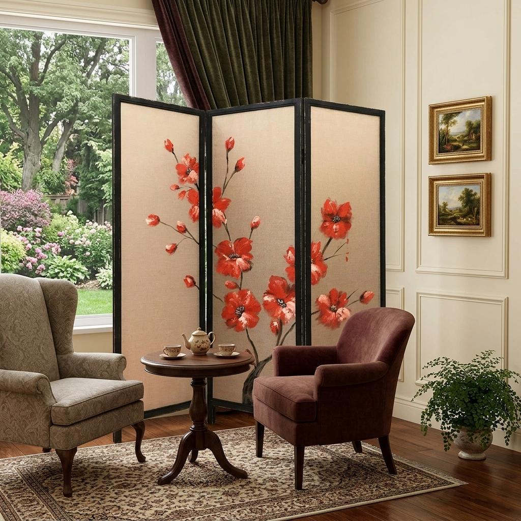 63" Brown Fabric Folding Three Panel Screen Room Divider