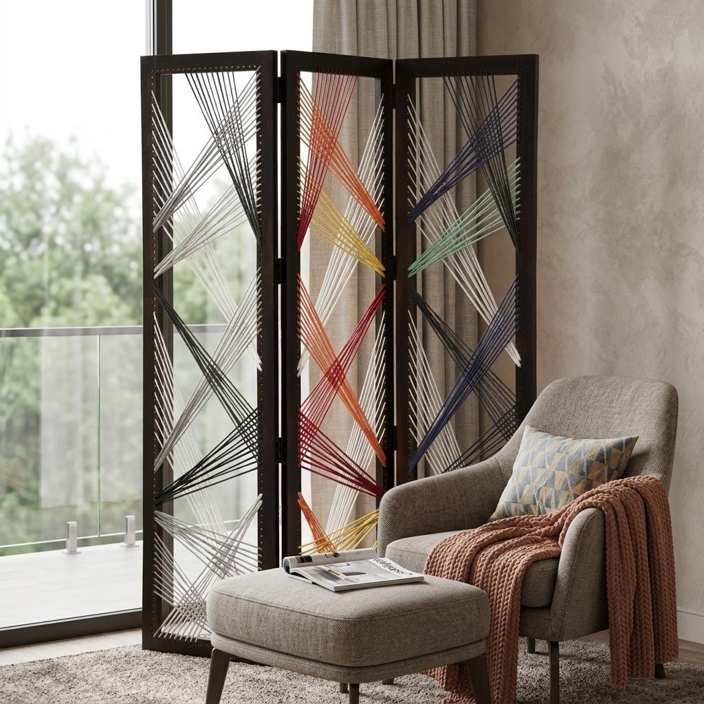 72" Black Fabric Folding Three Panel Screen Room Divider