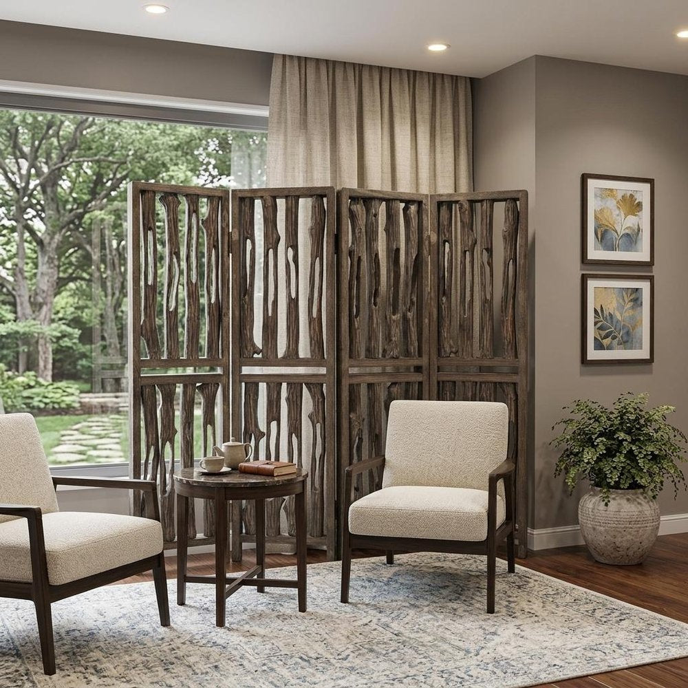 84" Brown Wood Folding Four Panel Screen Room Divider