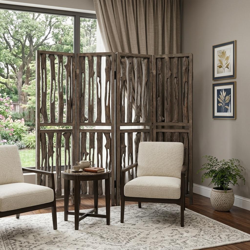 84" Brown Wood Folding Four Panel Screen Room Divider