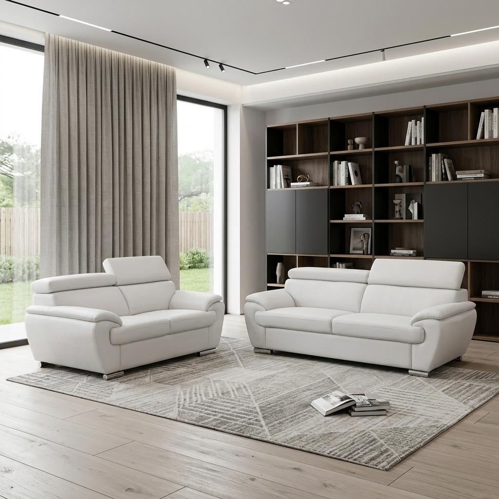 Two Piece Indoor White Genuine Leather Five Person Seating Set