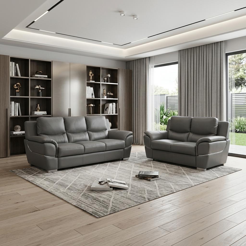 Two Piece Indoor Gray Genuine Leather Five Person Seating Set