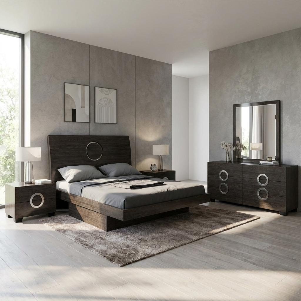 Four Piece Gray Solid Wood Bedroom Set With Mirror