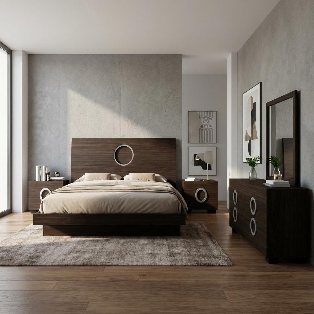Four Piece Wood Brown Solid Wood Bedroom Set With Mirror