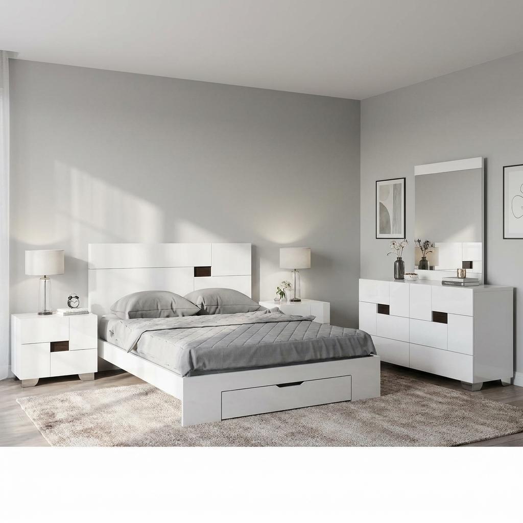 Four Piece White Solid Wood Bedroom Set With Mirror