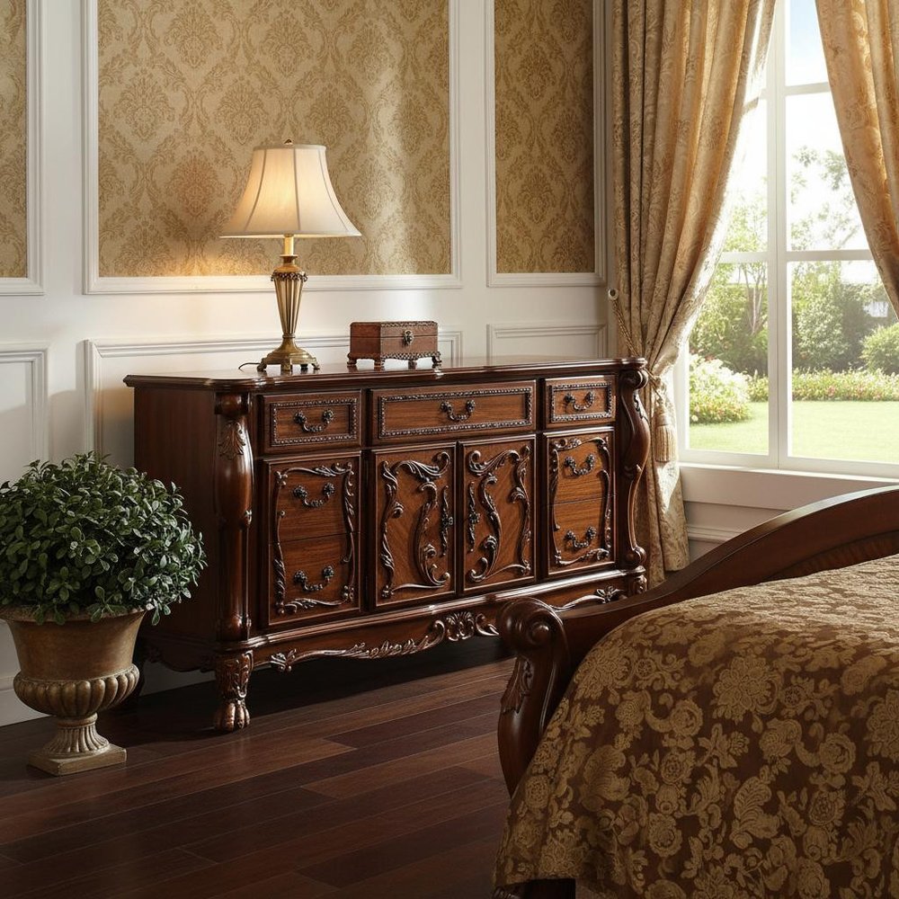 20" X 66" X 38" Cherry Oak Wood Poly Resin Dresserserver