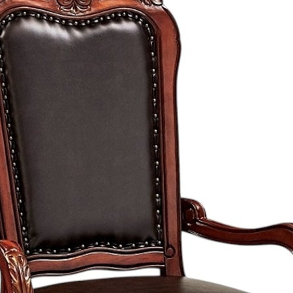 Set of Two Brown Upholstered Faux Leather Queen Anne Back Dining Arm Chairs