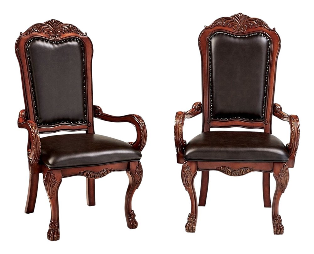 Set of Two Brown Upholstered Faux Leather Queen Anne Back Dining Arm Chairs
