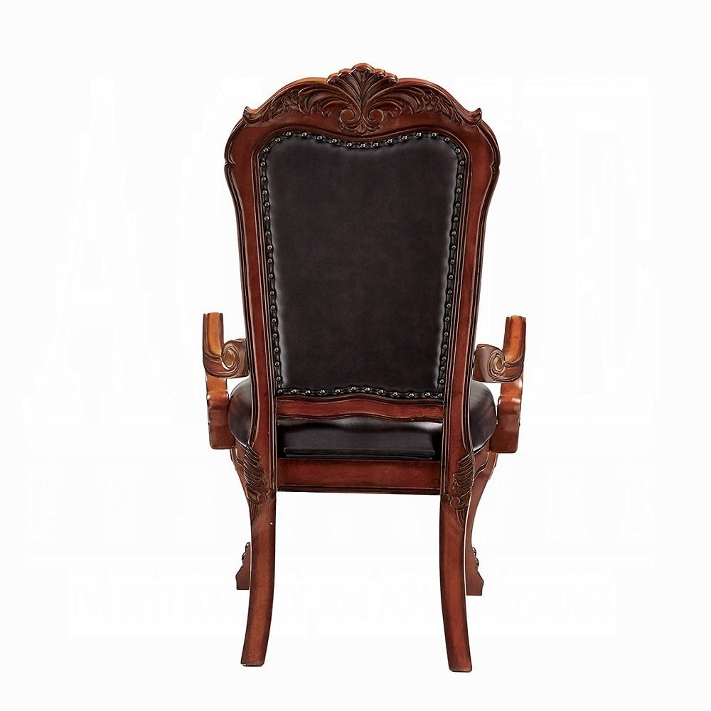 Set of Two Brown Upholstered Faux Leather Queen Anne Back Dining Arm Chairs