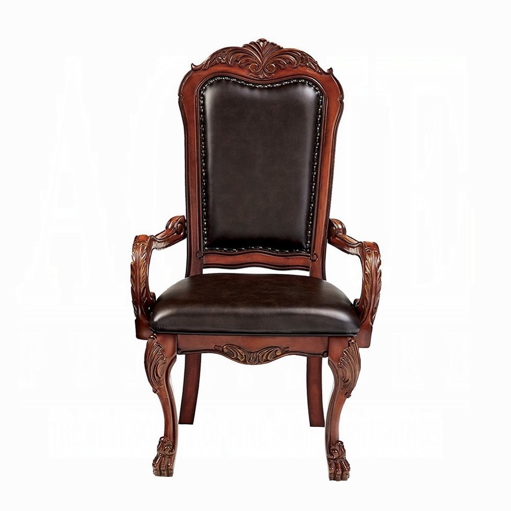 Set of Two Brown Upholstered Faux Leather Queen Anne Back Dining Arm Chairs